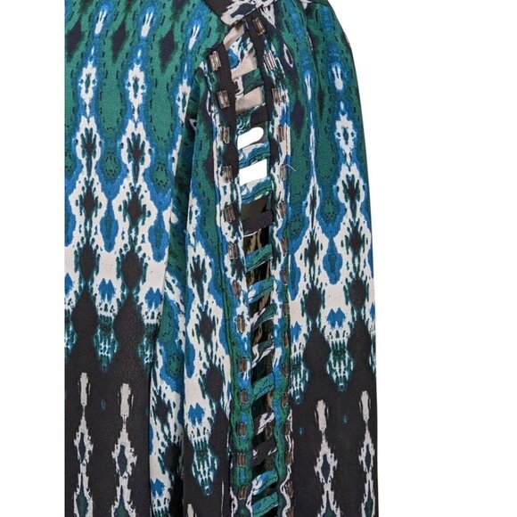 Cato Blouse Women Plus 26/28 Ikat Blue Green Boho Artsy Sleeve Ladder Cutout - Picture 5 of 9
